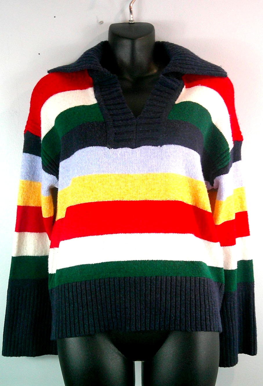 Women's Free Assembly Striped V-Neck Collared Sweater Multicolor Small